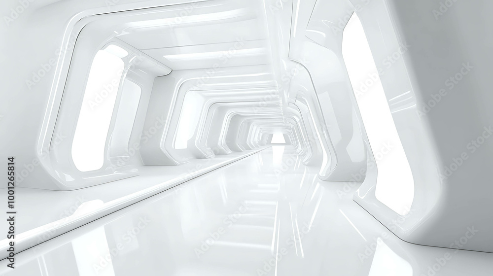 Obraz premium Abstract futuristic white hallway with glowing light at the end.