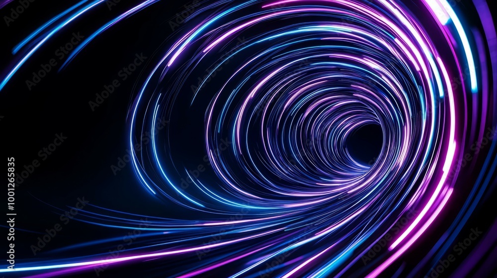 Dynamic light tunnel with vibrant purple and blue streaks on black background. Dynamic light tunnel with vibrant purple and blue streaks on black background.