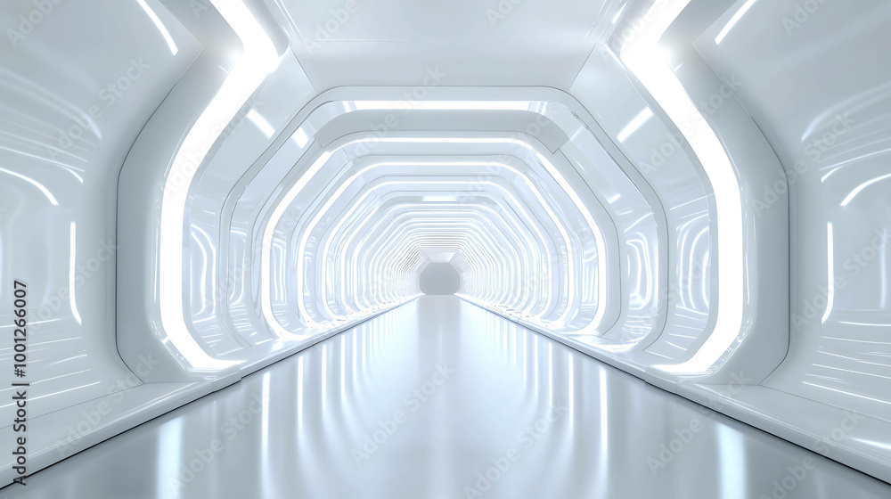 Naklejka premium White futuristic tunnel with bright lights.