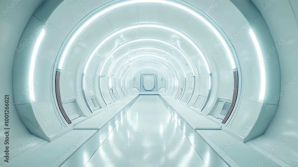 Fototapeta premium Futuristic, white tunnel with bright, glowing lights.