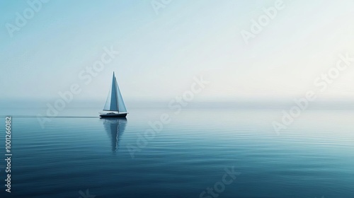 Calm sea with drifting fog, lone sailboat in the distance, 3D illustration