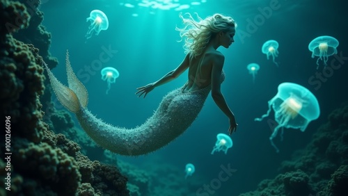 Generative AI, a woman in a mermaid costume is standing under jellyfish in the ocean with jellyfish in the water, underwater, a storybook illustration, magical realism
