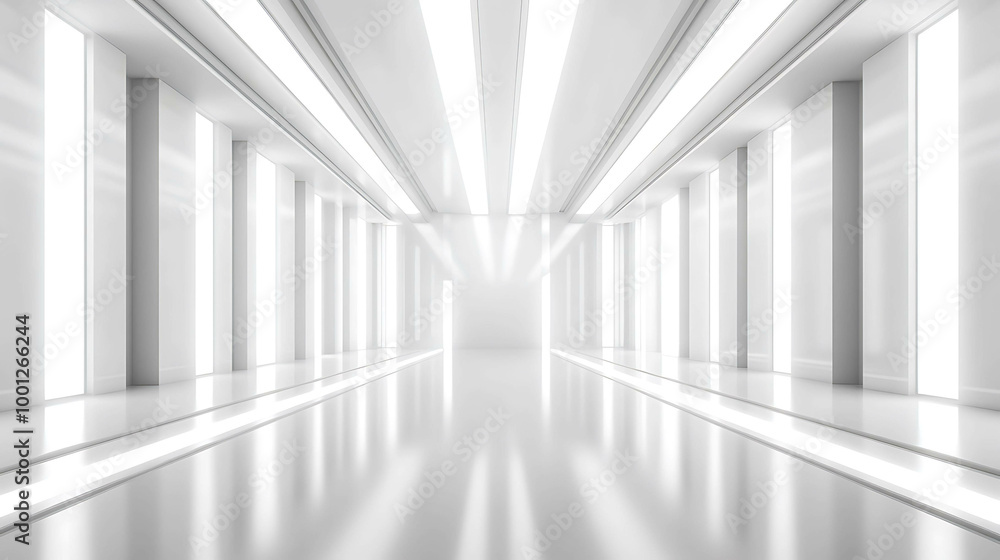 Fototapeta premium An empty, white, futuristic hallway with bright lights.