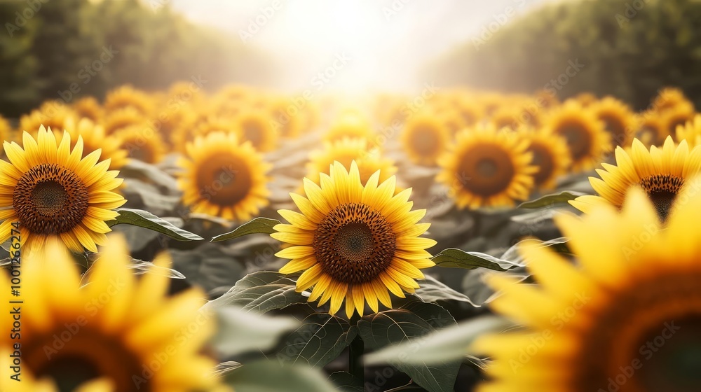 Obraz premium Dense fog drifting through a sunflower maze, sunlight filtering through petals, 3D illustration