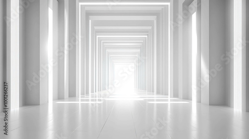 A bright white hallway with columns and light streaming in from the end.
