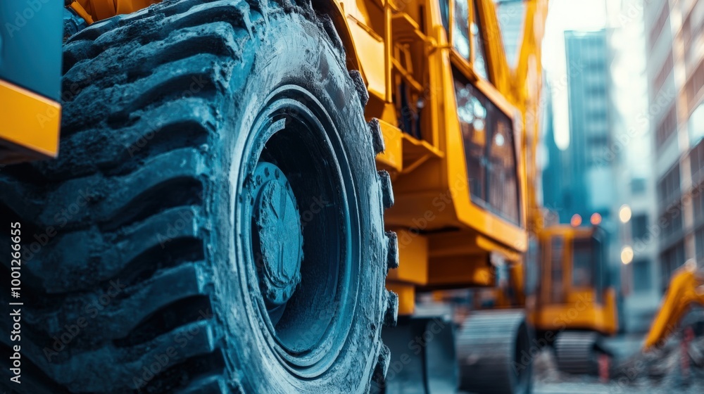 A close-up of modern construction equipment at a city site emphasizes safety features and cutting-edge technology, reflecting A close-up of modern construction equipment at a city site emphasizes safety features and cutting-edge technology, reflecting
