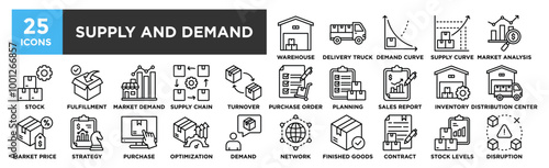 Supply and Demand icon collection set. Containing design supply, price, demand, strategy, market, management