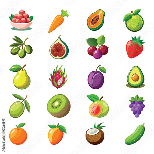 A large set of fruits and vegetables. Big set of delicious vegetables and fruits. Vector cartoon illustration