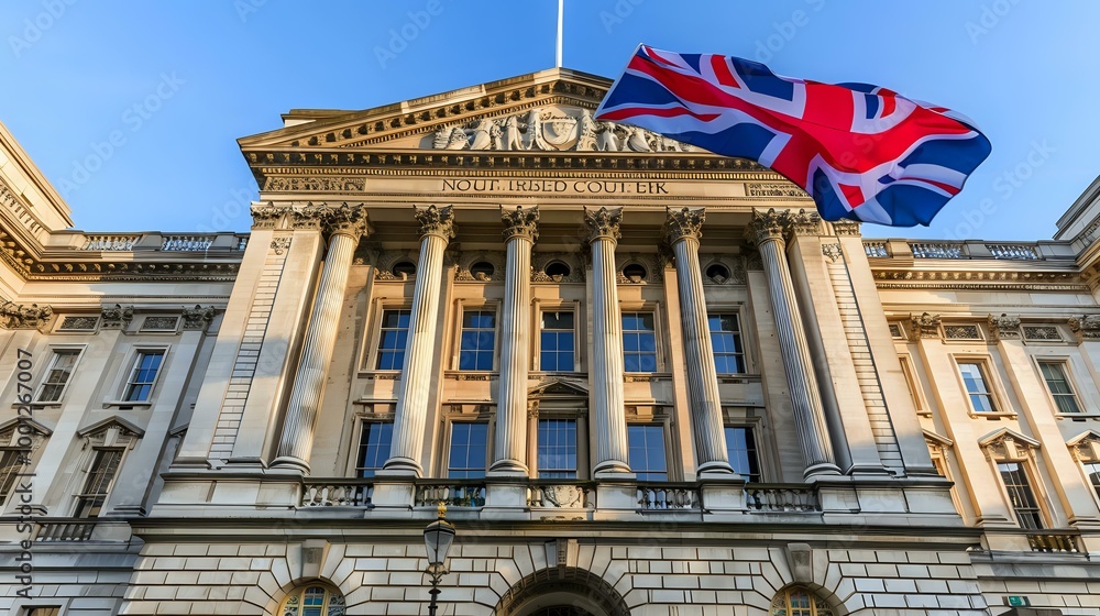 Obraz premium A grand building with classical architecture and a Union Jack flag waving in the foreground.