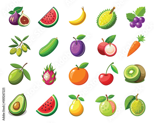 A large set of fruits and vegetables. Big set of delicious vegetables and fruits. Vector cartoon illustration