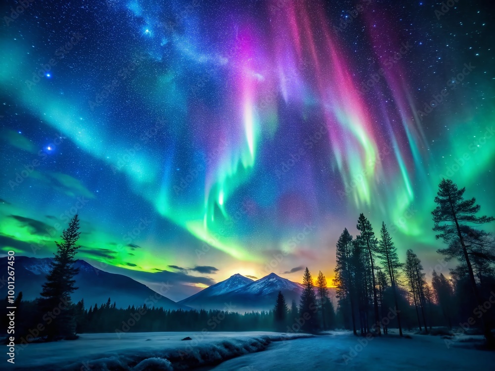 Vibrant aurora borealis dancing across a starry night sky, with subtle nebula clouds and a touch of extraterrestrial Vibrant aurora borealis dancing across a starry night sky, with subtle nebula clouds and a touch of extraterrestrial