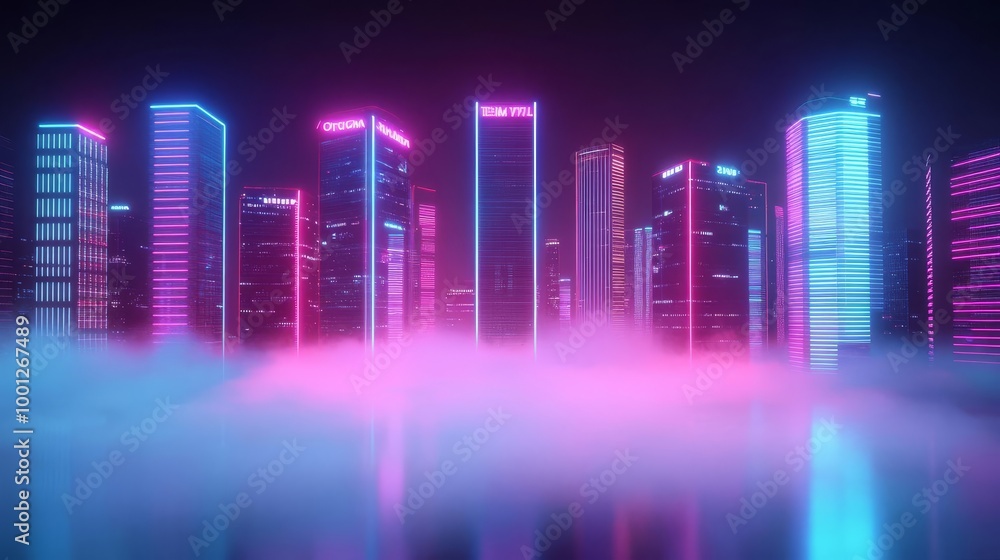 Drifting fog in a futuristic cityscape, neon lights and towering skyscrapers, 3D illustration Drifting fog in a futuristic cityscape, neon lights and towering skyscrapers, 3D illustration