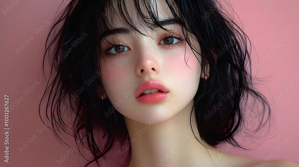 Soft Focus Portrait with Pink Tones and Black Hair Soft Focus Portrait with Pink Tones and Black Hair