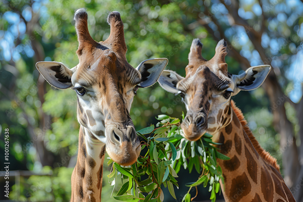 Obraz premium Group of giraffes standing tall in a natural environment, majestic giraffe family in the wild surrounded by lush greenery, wildlife photo capturing giraffes in their natural habitat