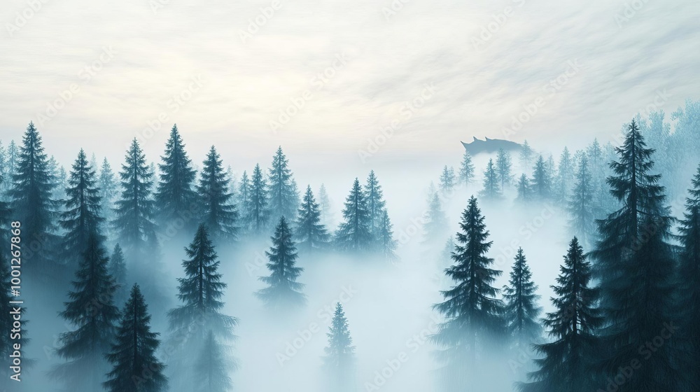 Drifting fog in dense pine forest, wolves howling in the distance, 3D illustration Drifting fog in dense pine forest, wolves howling in the distance, 3D illustration
