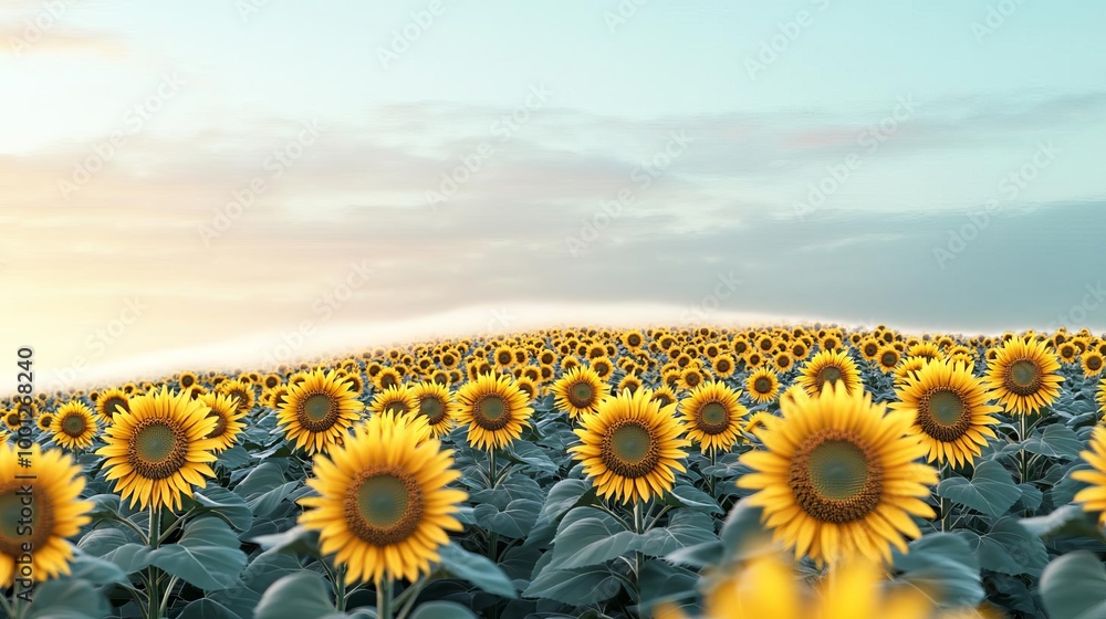 Fototapeta premium Drifting fog over a sunflower-covered hillside, golden petals glowing in soft light, 3D illustration