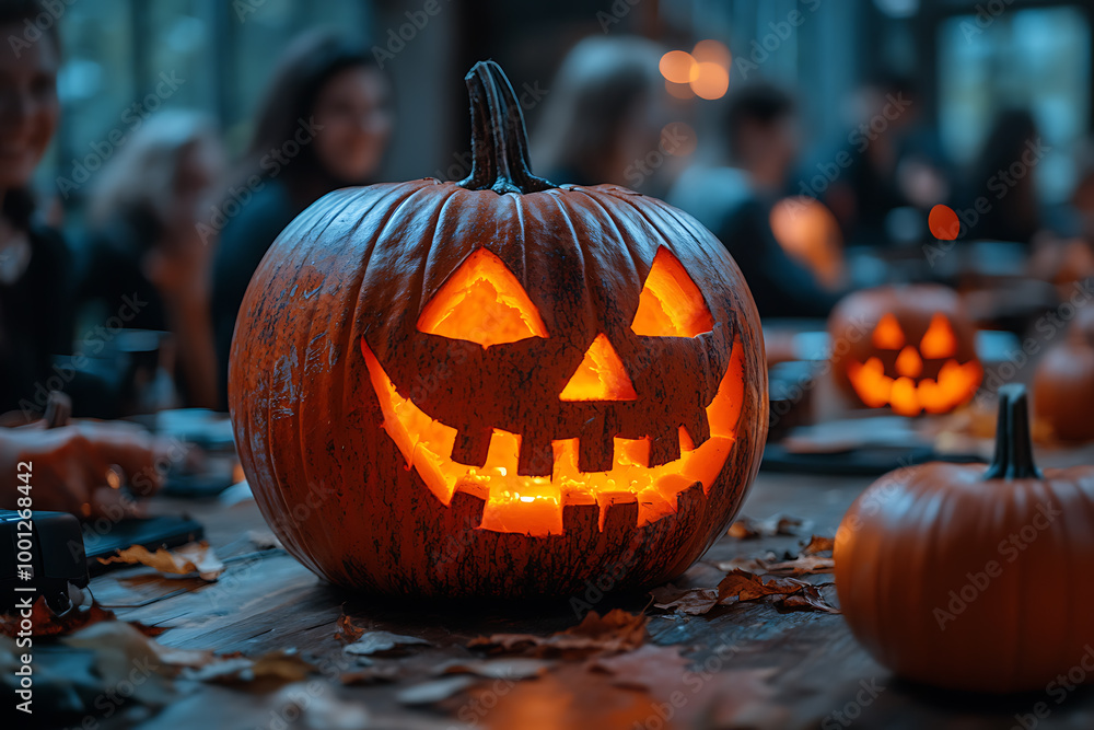 Corporate Halloween celebration in an IT office setting, featuring employees in costumes, decorations, and a festive atmosphere. 

