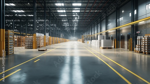 Warehouse or storehouse with shelves and boxes. Logistics and wholesale business concept.