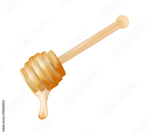 3D honey spoon realistic illustration of a dripping honey floating in the air on a white background. Honey stick icon. Honey spoon vector illustration. Wooden dipper symbol. Liquid sweet dessert