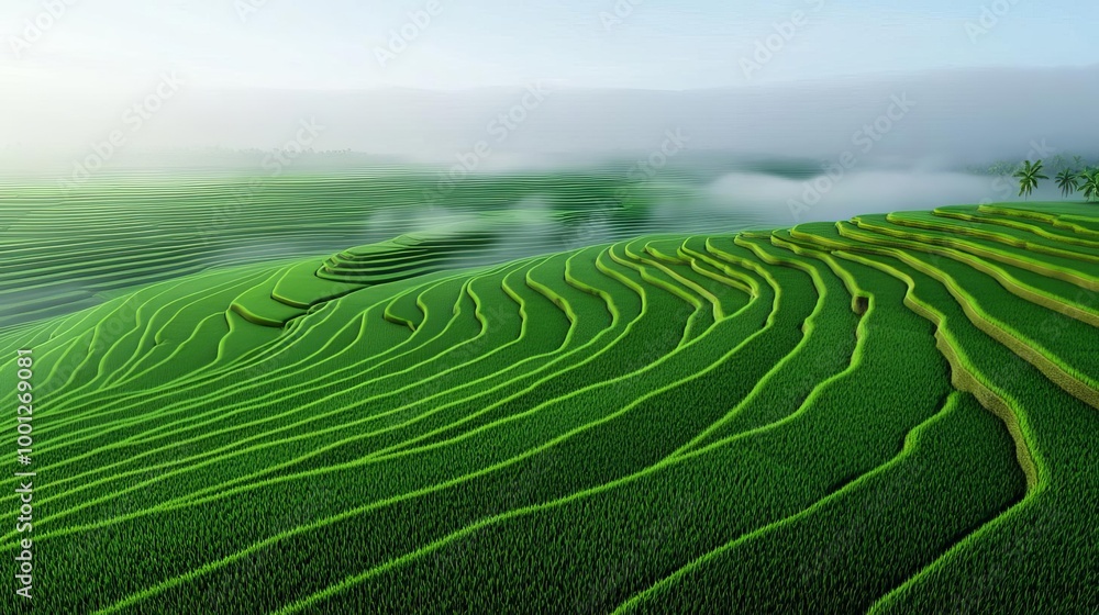 Drifting fog over rice terraces, lush green fields in the early morning light, 3D illustration Drifting fog over rice terraces, lush green fields in the early morning light, 3D illustration