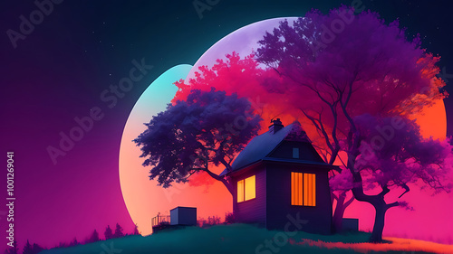 Illustration modern abstract gradient colors natural art design with house, tree and moon background design.