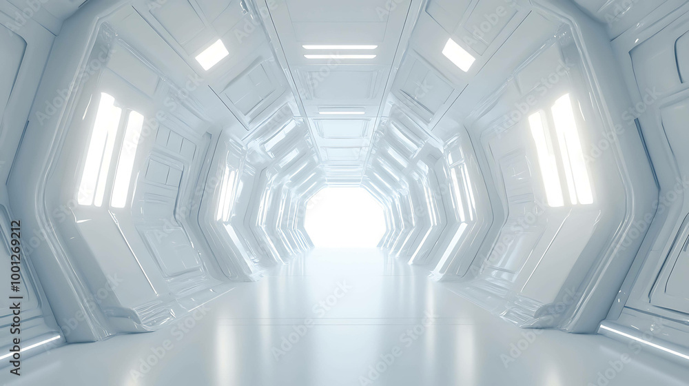 Obraz premium Bright white futuristic corridor with glowing lights.