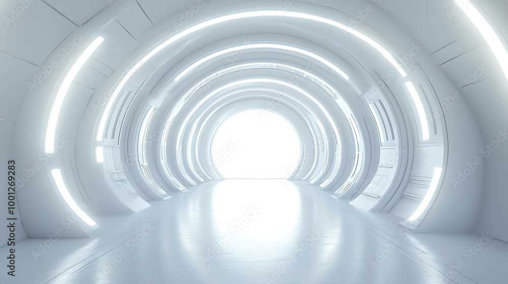 Fototapeta premium Futuristic white tunnel with glowing lights and a bright light at the end.