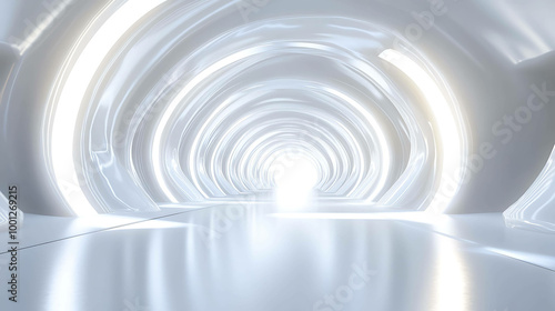 White futuristic tunnel with glowing light at the end.