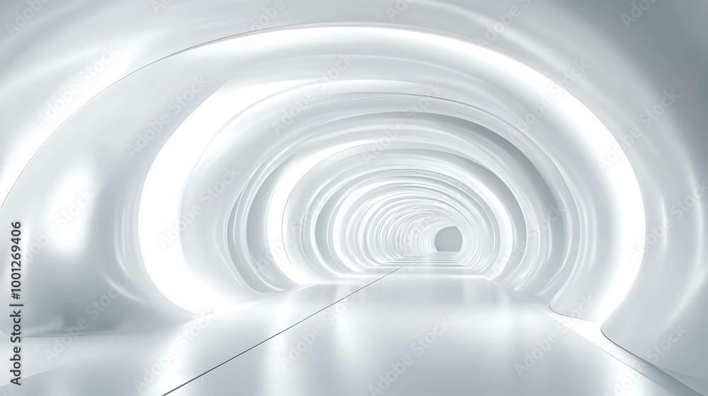 Fototapeta premium Abstract white tunnel background with white walls and glowing lights.