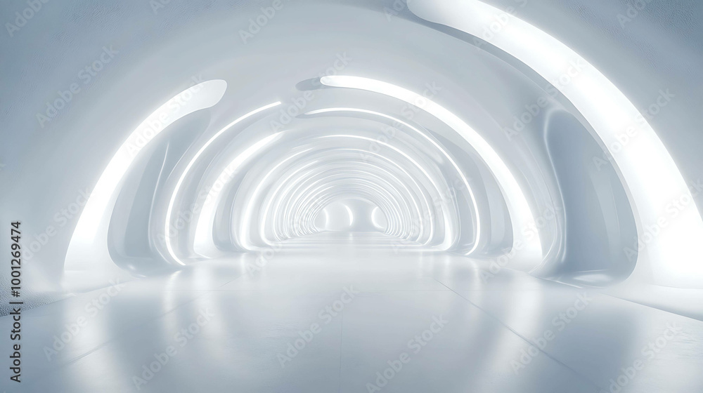 Fototapeta premium Abstract white futuristic tunnel with glowing lights.