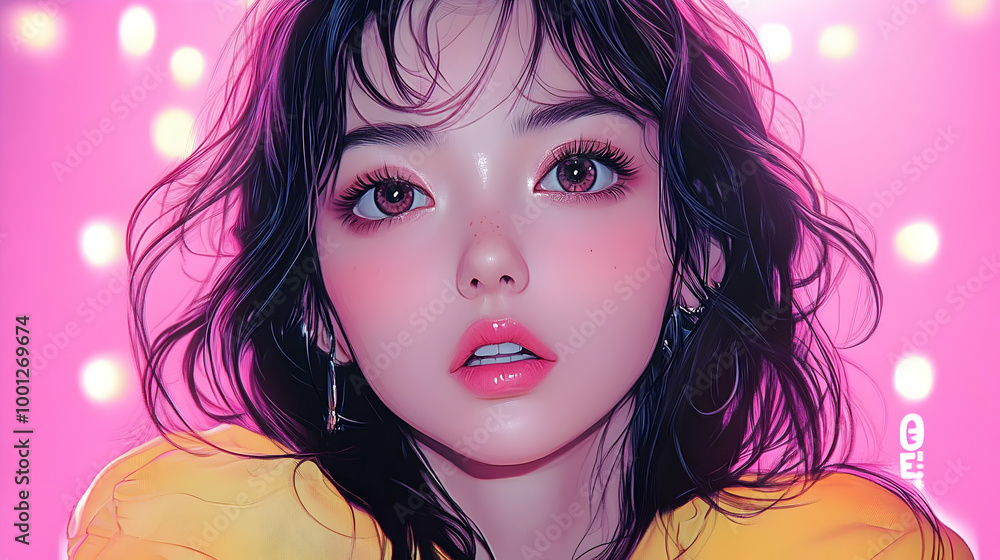 Digital Art: A Close-Up Portrait of a Young Woman with Pink Lips and Long Black Hair