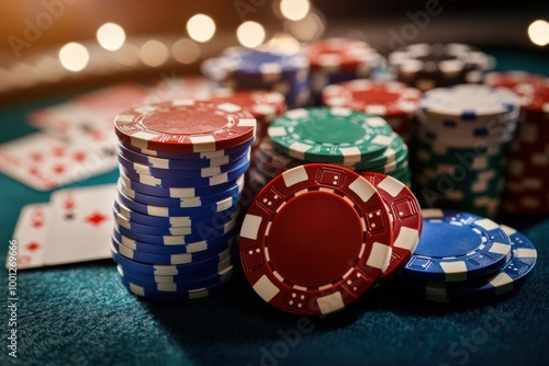 Vibrant casino table with colorful stacks of poker chips and playing cards during an exciting gaming night. Generative AI