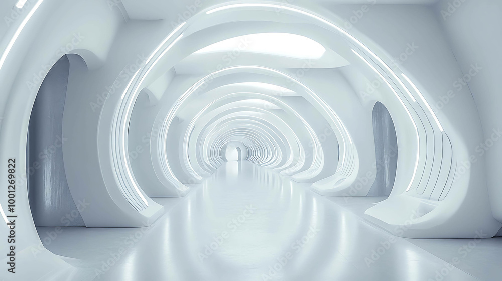 Fototapeta premium Modern futuristic white corridor with glowing arches.
