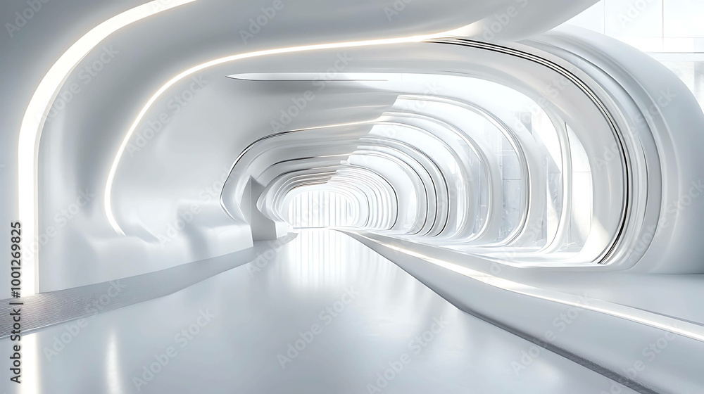 Fototapeta premium Futuristic white corridor with glowing lights and curved walls.