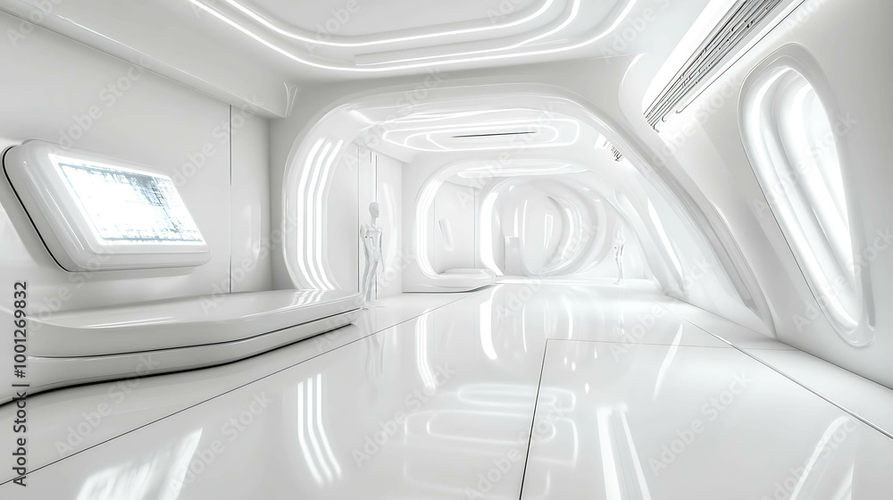 Futuristic white corridor with glowing lights and curved walls. Futuristic white corridor with glowing lights and curved walls.