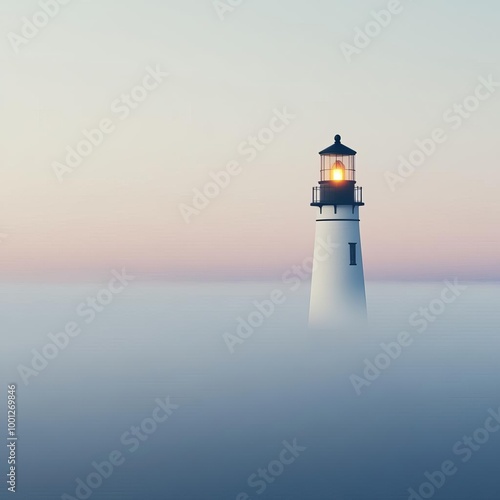 Fog drifting around a lonely lighthouse, beacon shining through the mist, 3D illustration