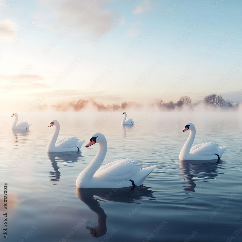 Fototapeta premium Fog-covered lake with swans drifting, mist swirling on the water, 3D illustration