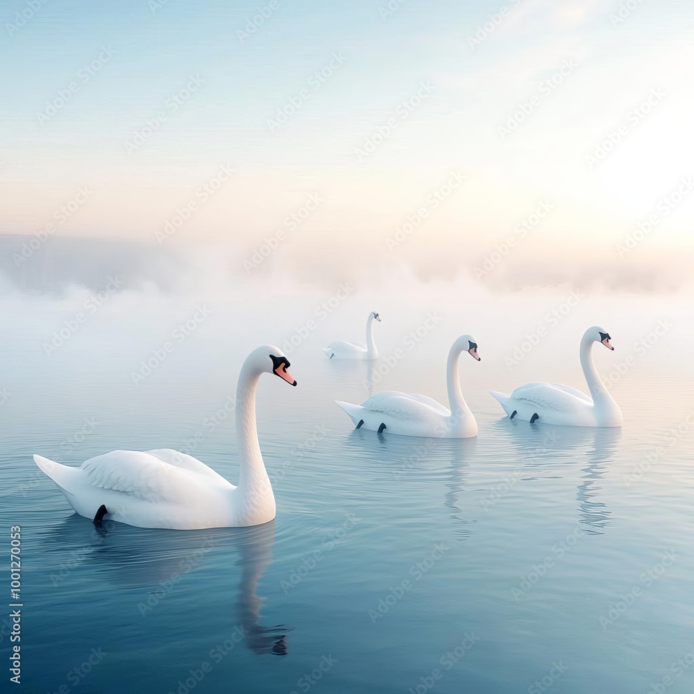 Fog-covered lake with swans drifting, mist swirling on the water, 3D illustration Fog-covered lake with swans drifting, mist swirling on the water, 3D illustration