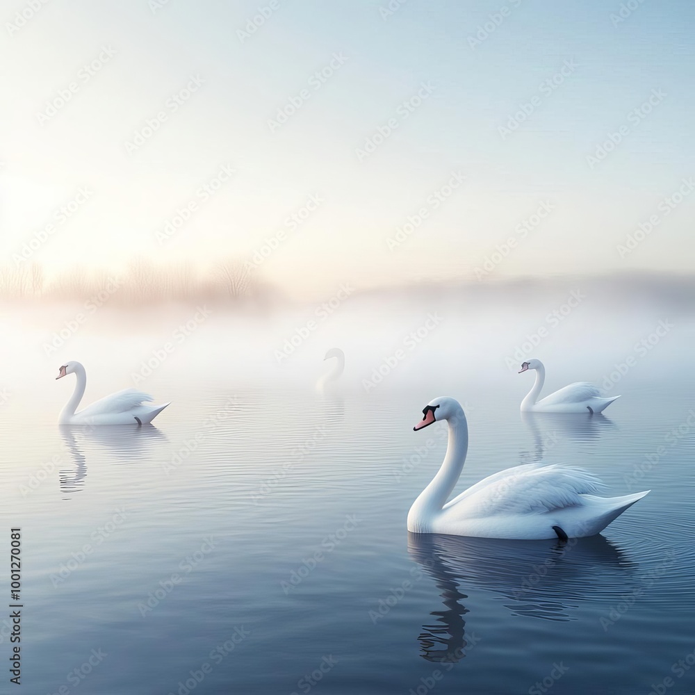 Fog-covered lake with swans drifting, mist swirling on the water, 3D illustration Fog-covered lake with swans drifting, mist swirling on the water, 3D illustration