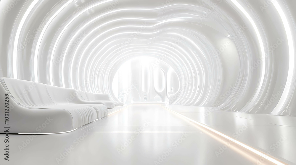 Futuristic white tunnel with glowing lines and white couches on the side. Futuristic white tunnel with glowing lines and white couches on the side.