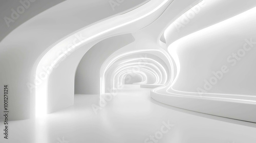 Abstract futuristic hallway with bright white lights and smooth curves.