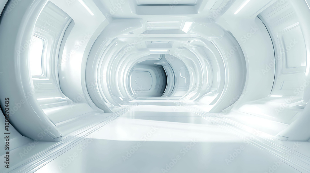 Fototapeta premium A futuristic, white, circular hallway with a bright light shining at the end.
