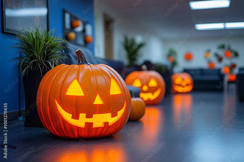 Fototapeta premium Corporate Halloween celebration in an IT office setting, featuring employees in costumes, decorations, and a festive atmosphere. 