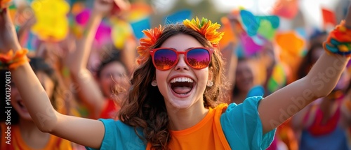 Vibrant Festival Scene: Colorful Crowd, Joyful Atmosphere photo