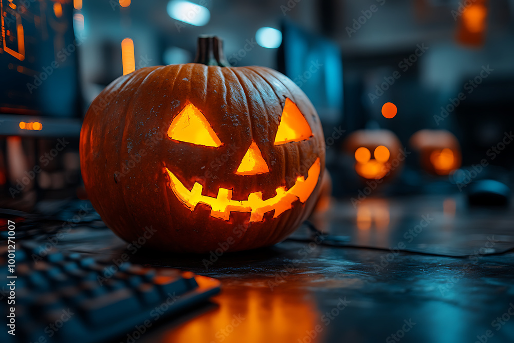 Fototapeta premium Corporate Halloween celebration in an IT office setting, featuring employees in costumes, decorations, and a festive atmosphere. 