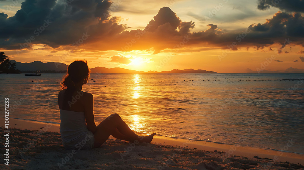 A woman sits on the beach watching a dramatic sunset over the ocean. A woman sits on the beach watching a dramatic sunset over the ocean.