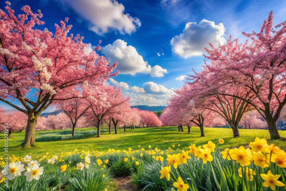 Vibrant blooms of pink cherry blossoms and yellow daffodils adorn a serene landscape with a bright blue sky, Vibrant blooms of pink cherry blossoms and yellow daffodils adorn a serene landscape with a bright blue sky,