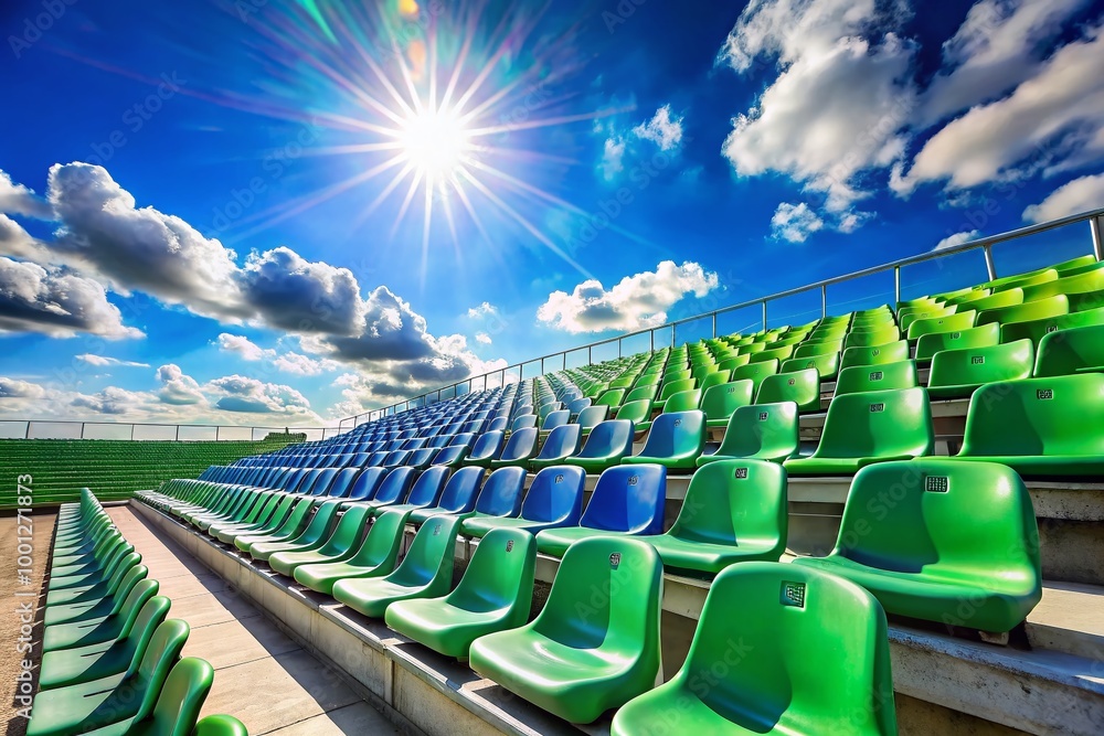 Fototapeta premium Vibrant blue and green stadium seats bleachers stretch towards a bright sunny sky, perfect for athletic event,
