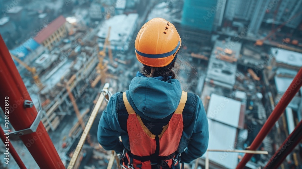 Worker on High Scaffolding Practicing Safety