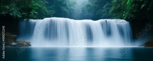 Serene waterfall with drifting fog, cascading water in dense forest, 3D illustration